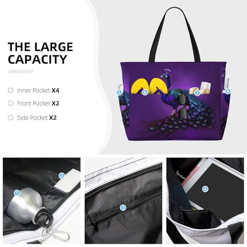 Purple Peacock Pattern Large Capacity Foldable Tote Bag Women Beach Tote Bag Handbag Gym Bag Travel Shopping Bag3