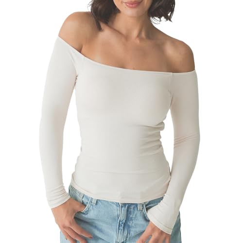 Klassy Network Off The Shoulder Brami - Long-Sleeve Top with Built-in Support and Ribbed Stretchy Fabric for Women