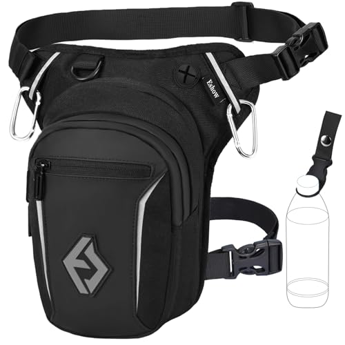 Eshow Beintasche Motorrad für Herren Damen, Oberschenkeltasche Gürteltasche Erweiterbare Stauraum, Bauchtasche Reflexstreifen Verstellbarer Beinriemen mit 2 Karabiner für Wandern Radfahren Schwarz