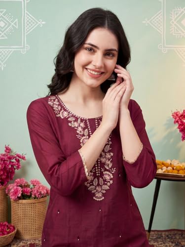 Image of INDO ERA Women's Silk Blend Embroidered Thread Work Kurta & Pant with Dupatta Set | Suit Set For Women