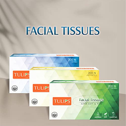 Image of Tulips Facial Dry Tissue Paper - Super Soft, Super Absorbent & 100% Pure | 2-Ply x 200 Pulls | Gentle, Durable & Travel-Friendly Tissue for Home, Car & Office (Pack of 3)