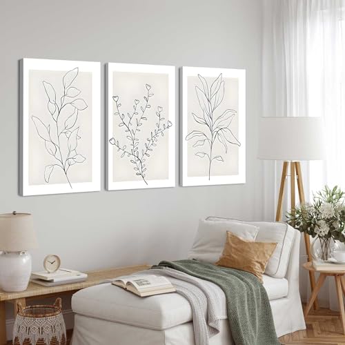 3Pcs Framed Neutral Botanical Wall Art Minimalist Abstract Botanical Line Canvas Posters Prints Modern Beige Boho Plant Paintings Wall Decor Pictures for Bedroom Living Room Home Decoration - Image 3