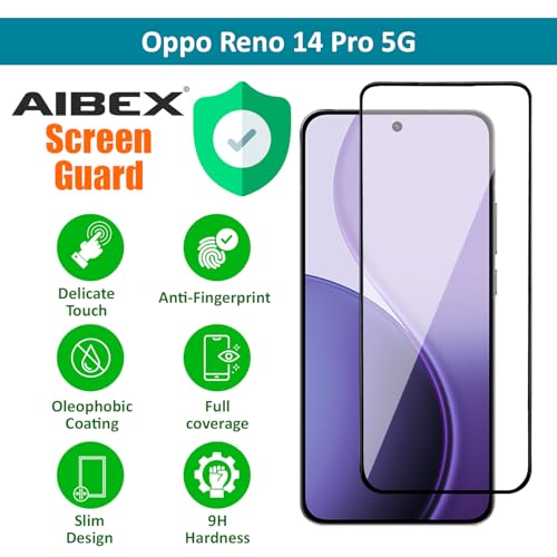 Image of AIBEX Tempered Glass for Oppo Reno 14 Pro 5G | 9H Hardness | Anti-Glare & Anti-Fingerprint | Water Resistant | Edge-to-Edge Full Screen Protector | Bubble-Free Installation