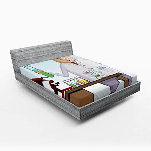 Ambesonne Lab 2 Pack Fitted Sheet, Scientist Chemist Test Tubes, Bed Cover All-Round Elastic Deep Pockets 2 Pieces, Package Contains 2 Queen Size Fitted Sheets, White Brown
