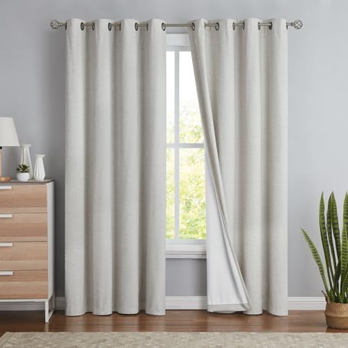 Linen Blackout Curtains Eyelet 54-inch Drop Natural Ivory Full Blackout Window Curtains for Girls Kids Bedroom Farmhouse Thermal Insulated Room Darkening Drapes with White Lining, 52" w x 2 Panels