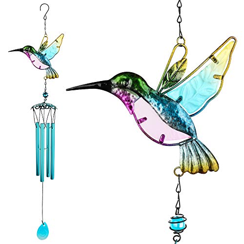 Glass Hummingbird Wind Chimes, Outdoor Windchimes Indoor Stained Glass Wind Chime Metal Hummingbird Suncatcher for Window, Home, Garden, Yard, Patio, Lawn Decoration (Hummingbird Blue Tube)