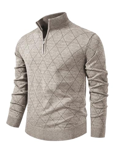 SOLY HUX Men's Quarter Zip Sweater Argyle Plaid Mock Neck Long Sleeve Pullover Knit Tops Fall Winter Clothes Khaki Large