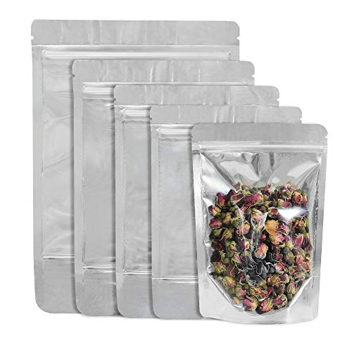 Yasolote Mylar Bags Resealable, 50 Pack Ziplock Stand Up Food Storage Aluminum Foil Bag 5 Different Sizes Reusable Pouches for Beans Coffee Cookie Snack Food Dried Flowers Tea