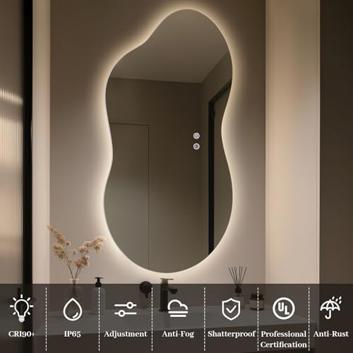 Image of WallBeyond 46 inchx26 inch Asymmetrical Bathroom Mirror with Lights, Irregular LED Backlit Vanity Mirror for Modern Master Bathroom, Dimmable Anti-Fog Mirror, Horizontal /Vertical Mount
