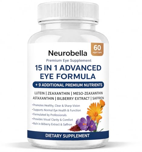 Neurobella Eye Formula - Neurobella 15 in 1 Advanced Eye Formula with All 3 Carotenoids Lutein & Zeaxanthin Bilberry Extract and Saffron 60 Capsules