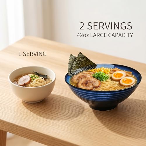 Image of NJCHARMS Ceramic Ramen Bowl Set of 2, 42 oz Japanese Noodle Soup Bowls with Spoons and Chopsticks for Ramen Soup Pho Udon Asian Noodles, Large Noodle Bowls(Blue)