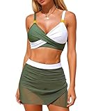 EOAMGO Women's Bikini Set, Two Piece Bikini Swimsuit Set with Twist Front V Neck Design, Adjustable Straps and Padded Support (UK, Alpha, M, Regular, Regular, Green and White)