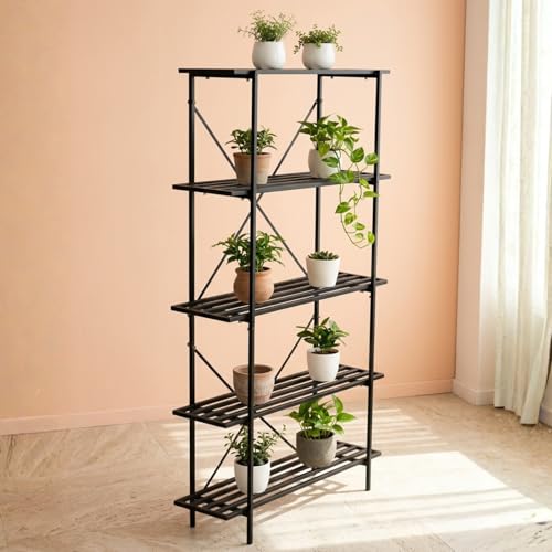Image of ecofynd Oren Plant Stands for Outdoor Balcony, Flower Pot Stand for Indoor Plants, Large Metal Planter Stand for Living Room, Home Decor, Indoor & Outdoor Plants, 5 Tier, (PS-KR004-BLK)