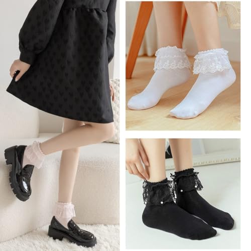 Image of Women Ruffle Socks, Soft Comfortable Lace Frilly Fashion Princess Socks with Pearls 3 Pairs