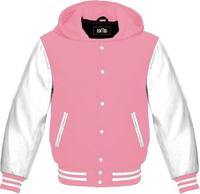 Hooded Varsity Jacket Women, Baseball Letterman Wool Body Genuine Leather Sleeves Bomber Jackets with Hood