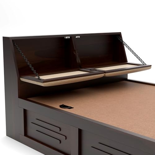 Image of Solid Sheesham Wood Armania Single Size Bed with Hydraulic Storage Bed for Bedroom Living Room Solid Wooden Furniture Bed for Home Hotels -1 Year Warranty (Walnut Finish)