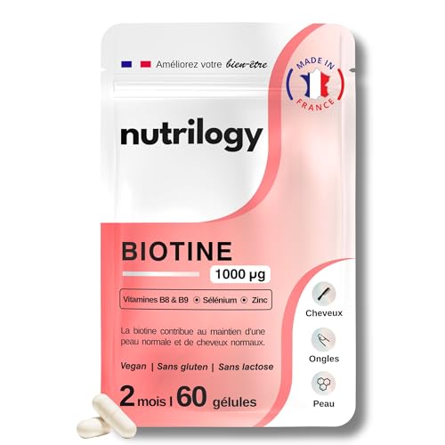 Biotine | 2 mois - 60 gélules | Pousse des Cheveux & Ongles et Beauté de la Peau | Avec Vitamines B8 et B9, Sélénium & Zinc | Complément Alimentaire Vegan, Sans Gluten & Fabriqué en France | NUTRILOGY
