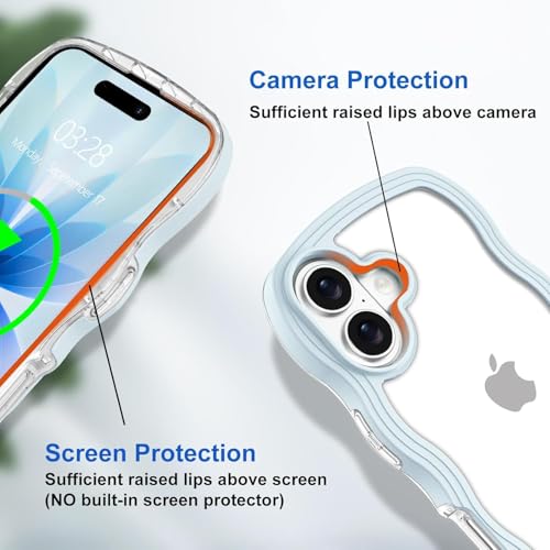 Image of GoldKart iPhone 17 Case Wavy Edge Clear Back Design, Anti-Slip Grip Cute Wave Curly Frame Shape Shockproof Soft TPU & Hard PC Bumper Protective Phone Case Cover for Women Girls - Light Blue