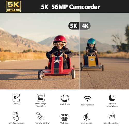 Videokamera 5K, 56MP Camcorder Vlogging Kamera für YouTube, WiFi Nachtsicht 3" 270° drehbarer Touchscreen Webcam Camcorder, Video Camera mit 64GB Karte, Fernbedienung, Mikrofon, 2 Batterien, Stativ – Bild 3