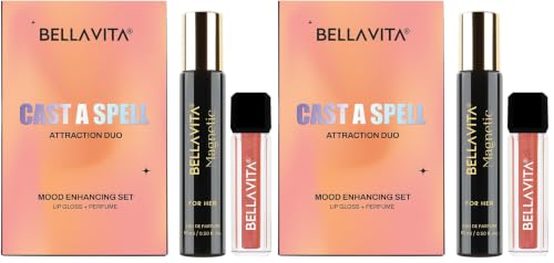 Image of BELLAVITA Mood Enhancing Cast A Spell Lip Gloss and Perfume Combo pack | Gift set | Mood Duos Perfume 15ml & Mood Matching pH Adapting Lip Gloss 4ml | Hydrating and Glossy Finish (Pack of 2)