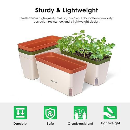 Image of VIVOSUN Self-Watering Planters, 4-Pack 10.5 Inch Compact Rectangular Window Herb Planter Box with 10 PCS Plant Labels, Plant Container for Basil, Flowers, Succulents, Indoor & Outdoor