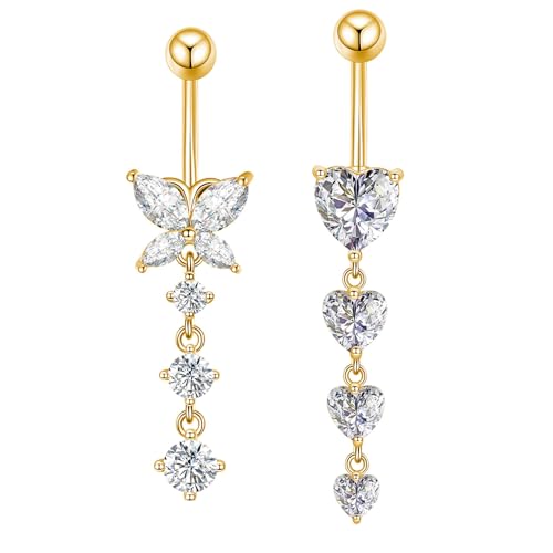 Gojewen 14G Piercing Ombligo 2 Piezas Acero Quirurgico Oro Corazón Cristal Pendiente Ombligo Piercing Joyas