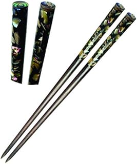 Wooden Hair chopsticks, The Head of Top Inlay Real Mother of Pearl an Abalone Shell, Unique Decorative Hair Sticks, Vintage Hair Chopsticks for Women, Natural Wood Color Black and Gray (Style 3)