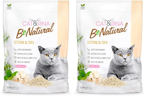 Cat&Rina BeNatural, Arena de Tofu para Gatos, Aglomerante, Vegetal y Ecológica. hasta 30 Días de Uso. Desechable en el Orgánico o el Inodoro | Fragancia : Clásica, Formato 5,5 L (Paquete de 2)