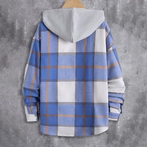 Mens Plaid Jacket Classic Print Casual Fall Tops Button Down Shirt Long Sleeve Color Block Drawstring Hood Shirts4