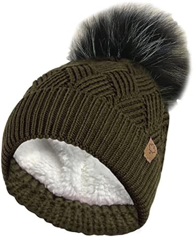 RockJock Ladies Warm Chunky Diamond Cable Knit Hat with Thermal Teddy Fleece Lining and Detachable Faux Fur Pompom