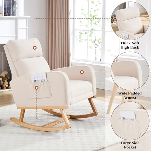 Image of HCHAIRH Rocking Chair Nursery, Nursing Rocking Chairs with Foot Rest for Mom Nursery, Glider Rocker Chair with Footrest and High Backrest for Living Room, Bedroom, Beige