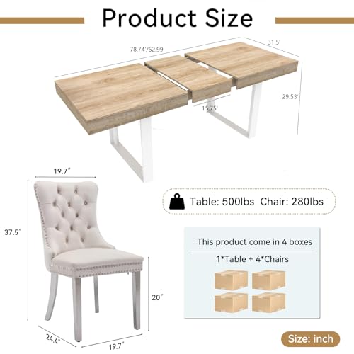 Image of Oak Dining Room Table Set for 4, 5-Piece 63 inch-78.74 inch Extendable Dining Table Set with 4 Upholstered Chairs, Rectangle Wooden Expanding Kitchen Table and Beige Chairs Set