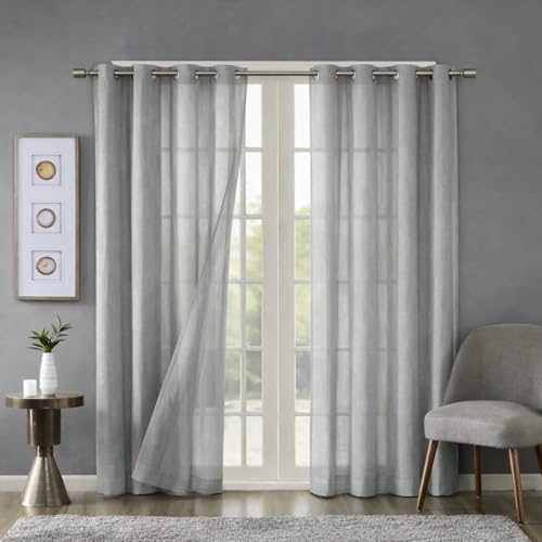 Image of 7 Feet Door Curtains Set of 2 - Semi Transparent Sheer Curtains for Living Room & Bedroom | Polyester Eyelet Curtain Panels | Modern Door & Window Curtain (Grey)