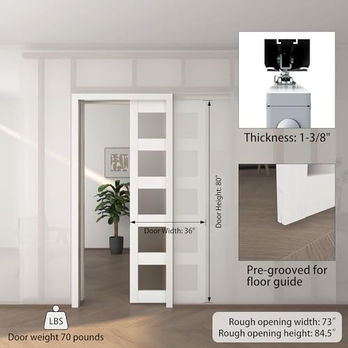 Jubest Pocket Door 36"X80", 5-Panel Tempered Frosted Glass Sliding Pocket Door thumb #4
