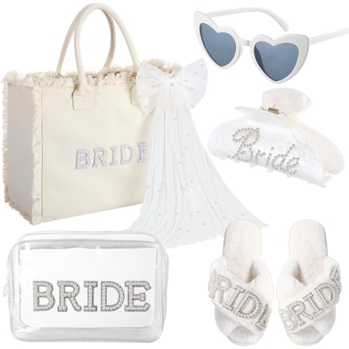 Blosssound 5 Pcs Bride Gifts Set Include Bride Bag Cosmetic Bag Sunglasses Slippers Hair Clip for Bridal Shower Engagement Weddings Bachelorette Party