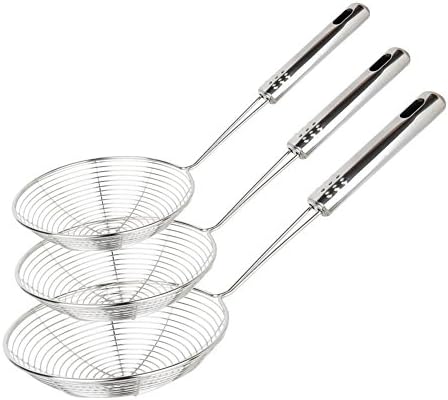 Swify Set of 3 Asian Strainer Ladle Stainless Steel Wire Skimmer Spoon with Handle for Kitchen Frying Food, Pasta, Spaghetti, Noodle-30.5cm, 32cm, 35cm