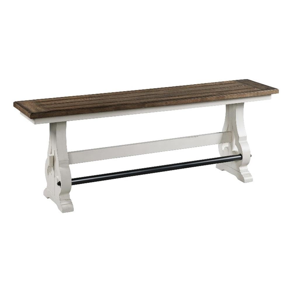 Pemberly Row Wood Counter Height Backless Bench, 68 in Wide, Rustic Knotty Oak Veneer and Hardwood, Two-Toned White/Oak Finish, Side Stretchers, Kitchen Dining Room Seating