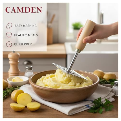 Image of CAMDEN Premium Stainless Steel and Wooden Handle Potato Masher | Strong Handle with Premium Polish | Rust Free Heavy Duty Vegetable Masher for Kitchen (Square)