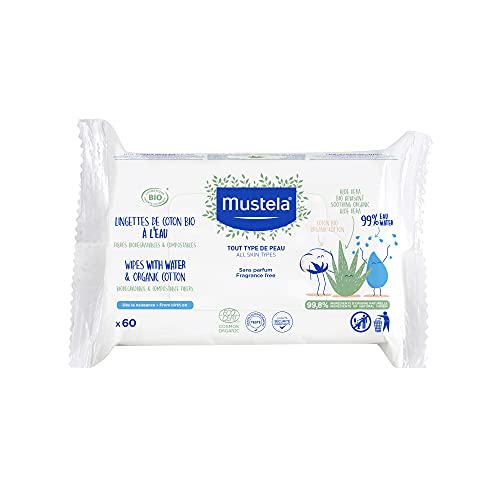 Mustela Baby Water Wipes with Organic Cotton & Aloe Vera - For Face, Hands, Body & Diaper Area - Plastic Free - Made with Compostable & Biodegradable Fibers - Fragrance-Free & Alcohol-Free - 60 ct.
