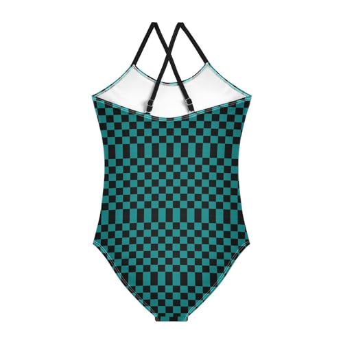 Checkerboard Girls One Piece Swimsuits Black Teal Sport Halter Swimwear Beach Bathing Suit 4T2