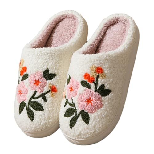 Floral Flower Slippers Plush Cotton-Lined Indoor Slides with Non-Slip Sole, Comfort Fuzzy House Shoes for Women Girls