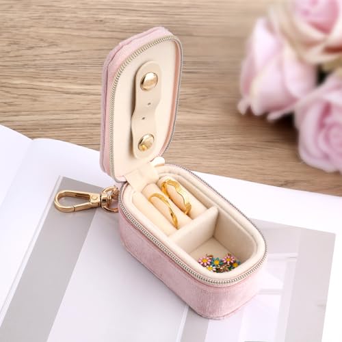 lasuroa Mini-Schmuckkästchen aus Samt, Mini-Schmuckreiseetui Kleine Unterteilte Ohrringbox 2-in-1-Ringhalter-Schlüsselanhänger-Organizer für Ringe Halsketten Anhänger Damen (Pink)