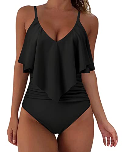 SUUKSESS Women Slimming Ruffle One Piece Swimsuits Ruched Tummy Control Bathing Suits