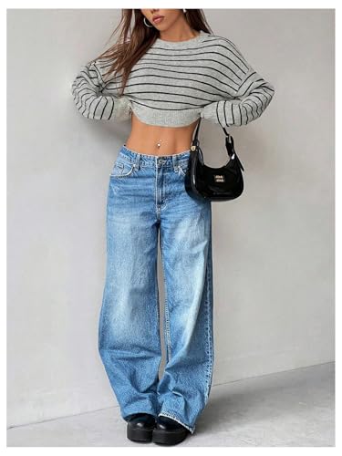 Image of Verdusa Women's Striped Y2k Crop Sweaters Crew Neck Long Sleeve Pullover Knitted Tops