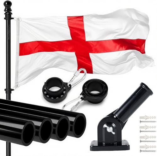 St Georges Flag with Pole Large St Georges Cross Flag With 5FT Wall Mounted Flagpole Kit Adjustable Mounting Bracket England Flags 5FTx3FT with Eyelets Flags Poles Set for Garden Yard Outdoor
