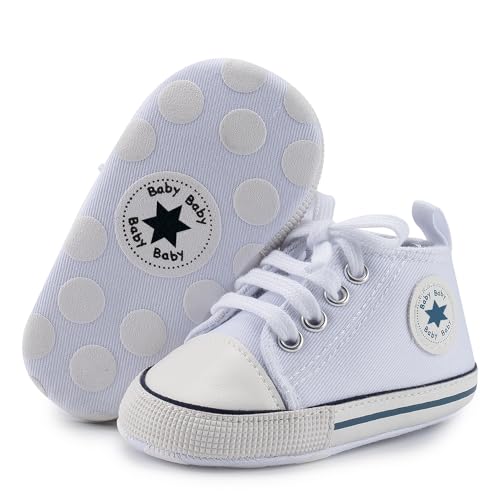 Image of KIDSUN Unisex Baby Boys Girls High Top Sneaker Soft Anti-Slip Sole Newborn Infant First Walkers Canvas Denim Shoes