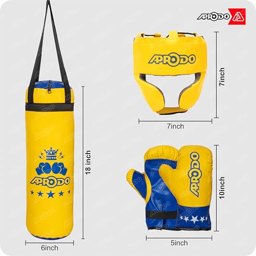 Image of Aprodo Pack of 4 Kids Boxing Kit Set | Punching Bag for Karate | Bounce-Back Martial Arts Bag for Boys & Girls for Age 3 4 5 6 7 8 Years to Relieve Energy and Build Skills (Yellow-Blue)