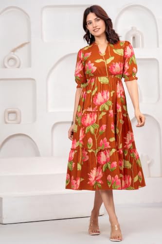Image of Dress for Women | One Piece for Women | Long Stylish Women Dress Fit & Flare Maxi Dress, Cotton Summer Calf Length Dress