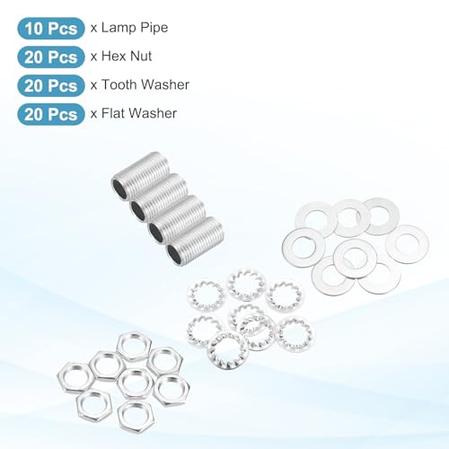 Image of MECCANIXITY 70Pcs 0.8 inch Lamp Pipe Nipples Kit with Hex Nuts Washers, M10 Fine Threaded Hollow Tube Repair Hardware Fasteners Assortment for Assembly Chandelier Ceiling Lamp DIY, Silver