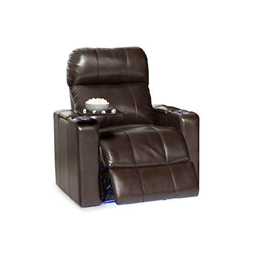 Seatcraft Monterey Leather Home Theater Seating Recliner With Adjustable Powered Headrest, In-Arm Storage, Usb Charging, Ambient Base Lighting And Cup Holders, Brown #TOP24